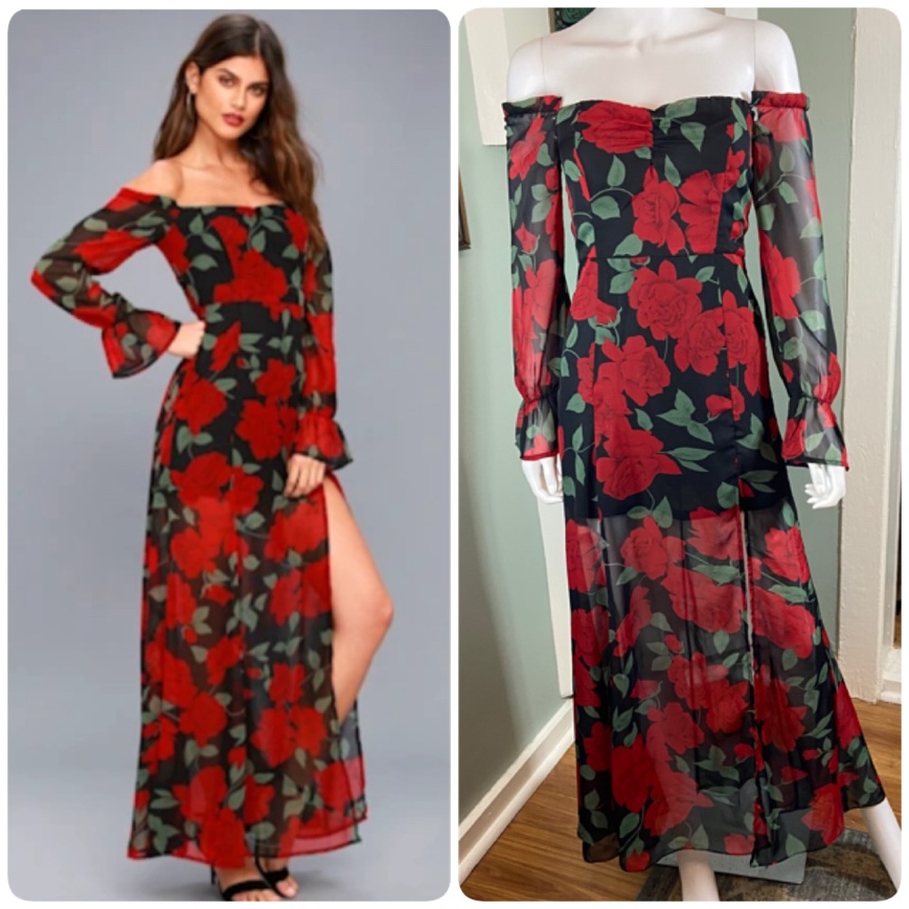 re:named Red Final Rose Floral off shoulder sheer chiffon XS maxi Dress Lulus